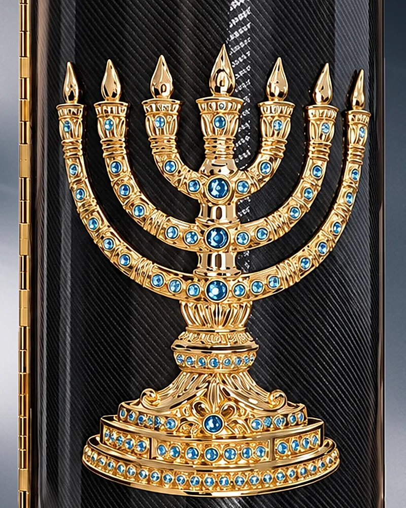 Close-up of the gold-finish seven-branched menorah on the carbon body