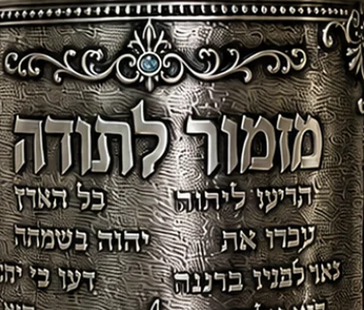 תקריב חריטת הכותרת מזמור לתודה על תיק ספר תורה בציפוי כסף עתיק